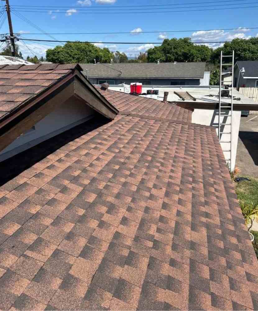 Shingle roof installation with a ladder in the background